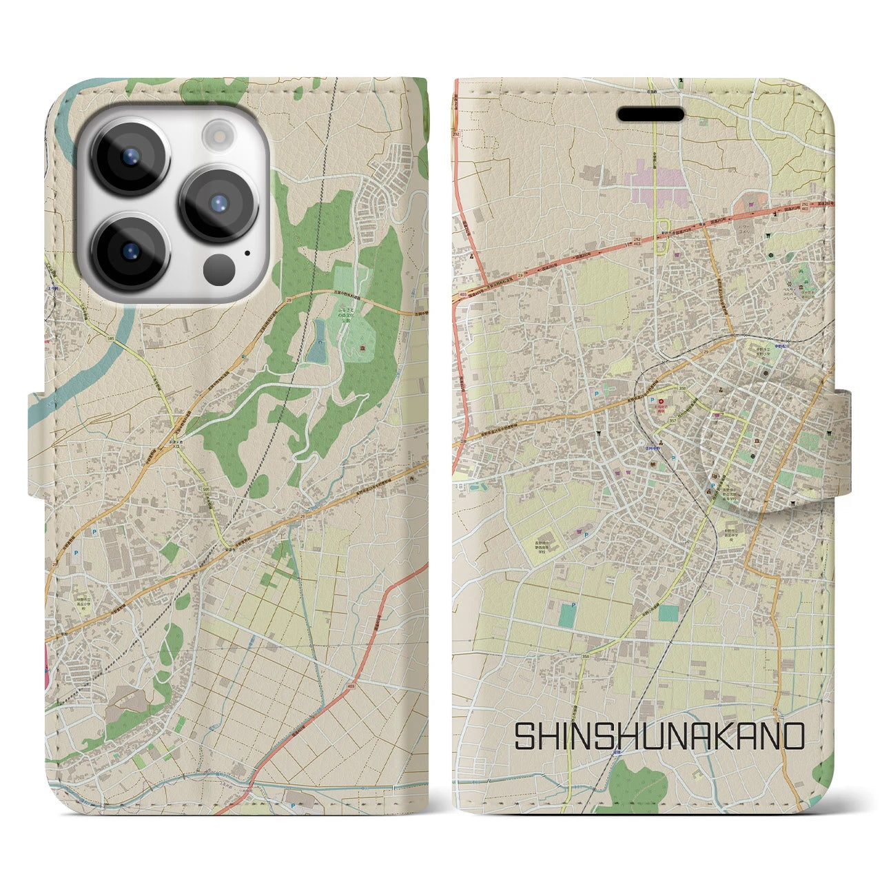 【信州中野(長野県)】地図柄iPhoneケース(手帳タイプ)ナチュラル・iPhone 14 Pro 用