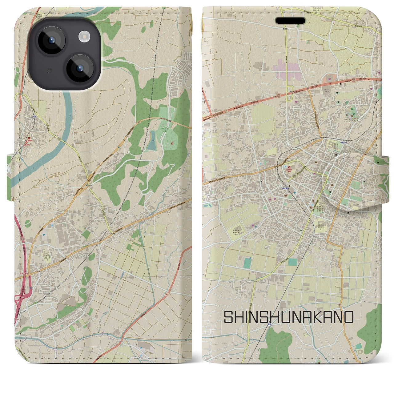 【信州中野(長野県)】地図柄iPhoneケース(手帳タイプ)ナチュラル・iPhone 14 Plus 用