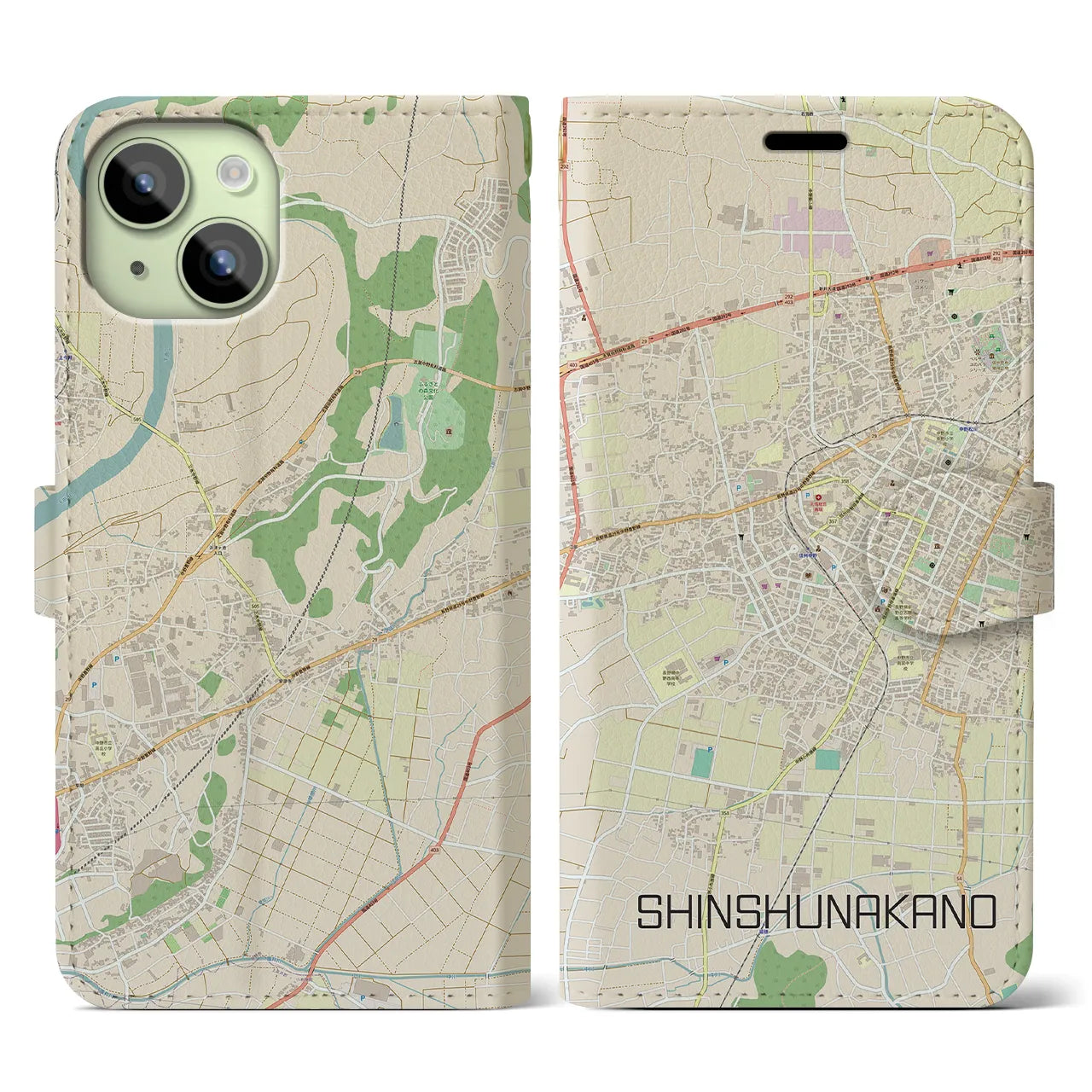 【信州中野(長野県)】地図柄iPhoneケース(手帳タイプ)ナチュラル・iPhone 15 用