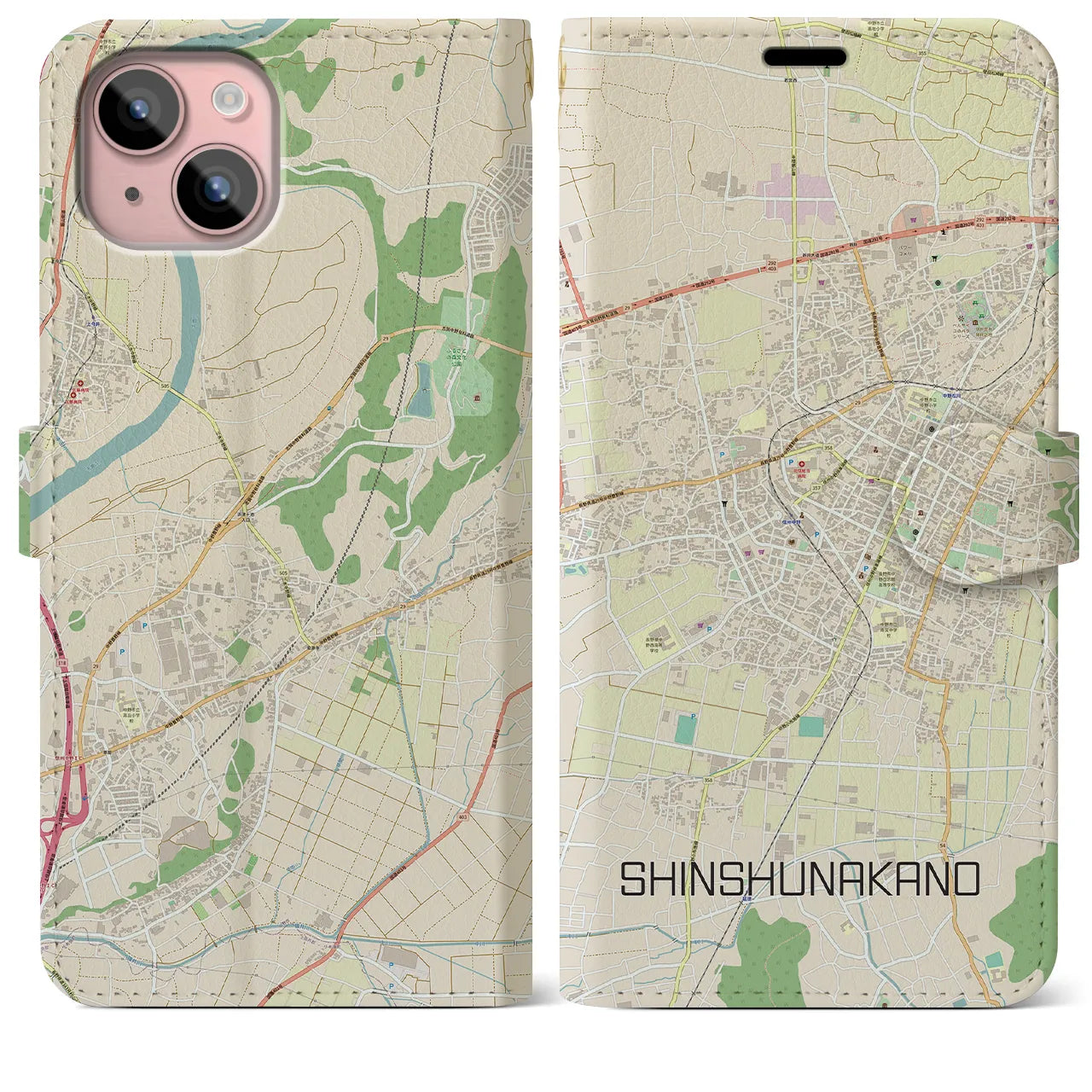 【信州中野(長野県)】地図柄iPhoneケース(手帳タイプ)ナチュラル・iPhone 15 Plus 用