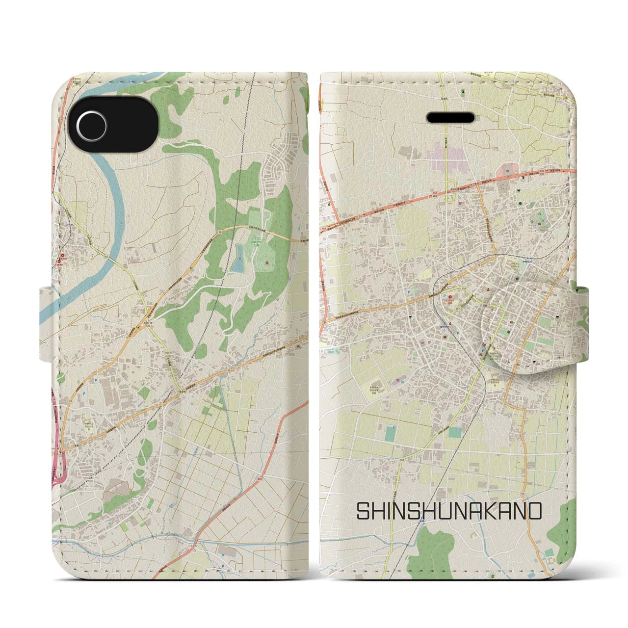 【信州中野(長野県)】地図柄iPhoneケース(手帳タイプ)ナチュラル・iPhone SE(第3 / 第2世代) / 8 / 7 / 6s / 6 用