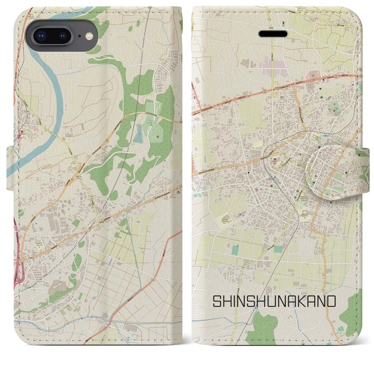 【信州中野(長野県)】地図柄iPhoneケース(手帳タイプ)ナチュラル・iPhone 8Plus /7Plus / 6sPlus / 6Plus 用
