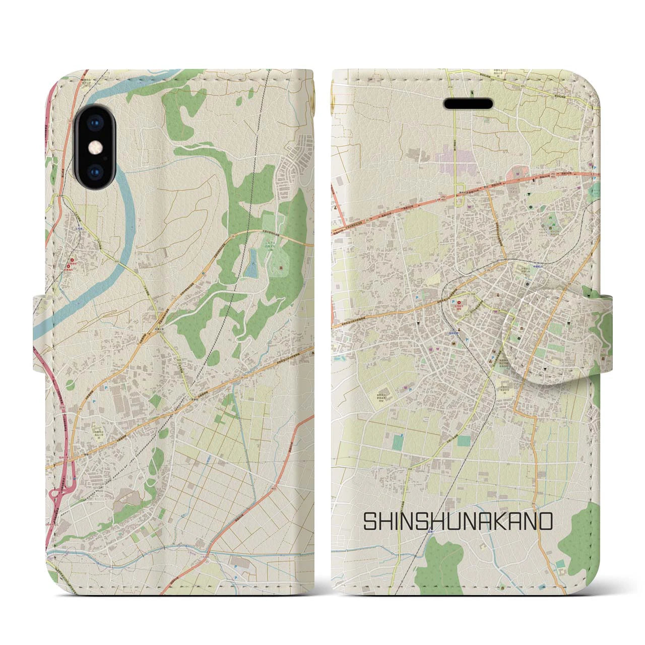 【信州中野(長野県)】地図柄iPhoneケース(手帳タイプ)ナチュラル・iPhone XS / X 用