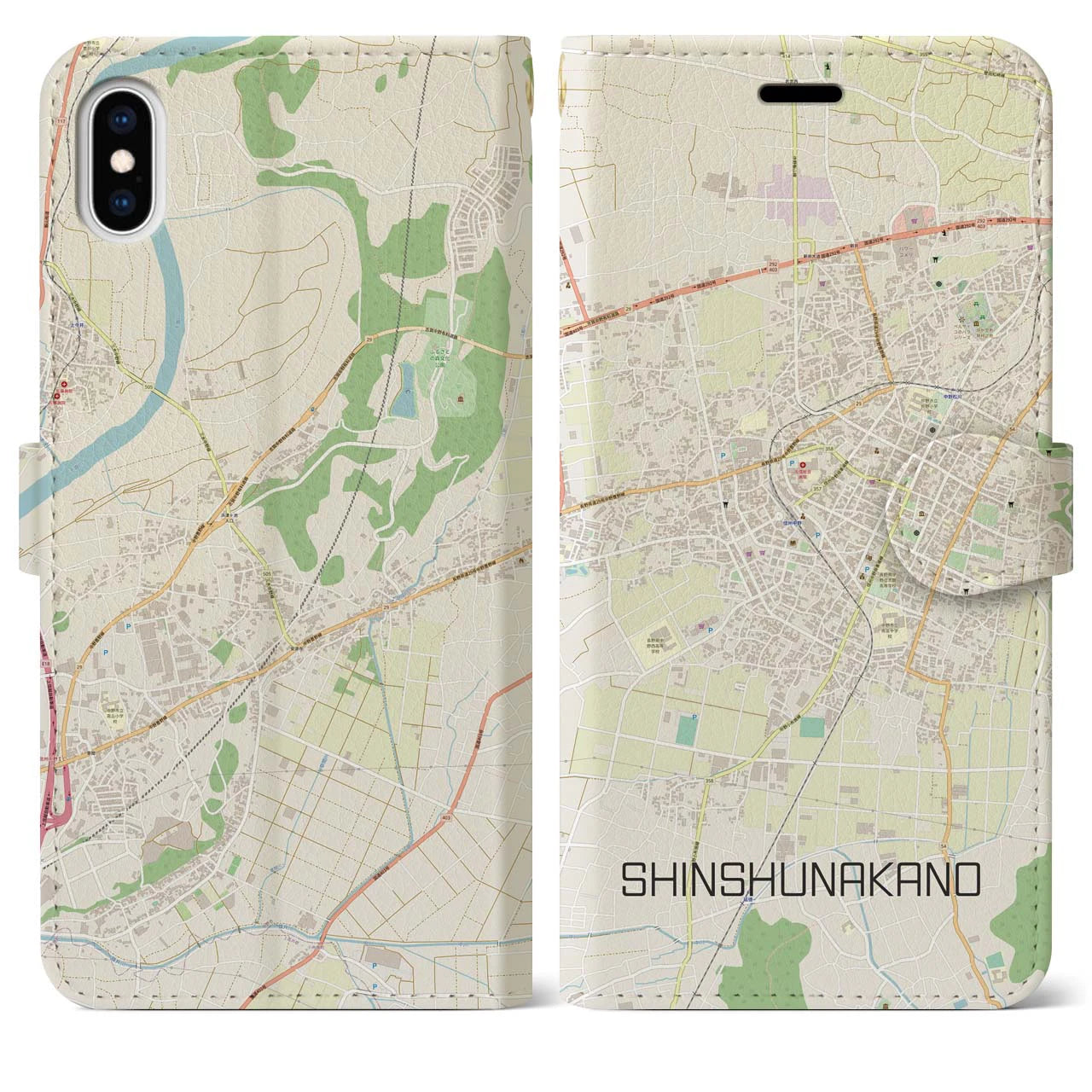 【信州中野(長野県)】地図柄iPhoneケース(手帳タイプ)ナチュラル・iPhone XS Max 用