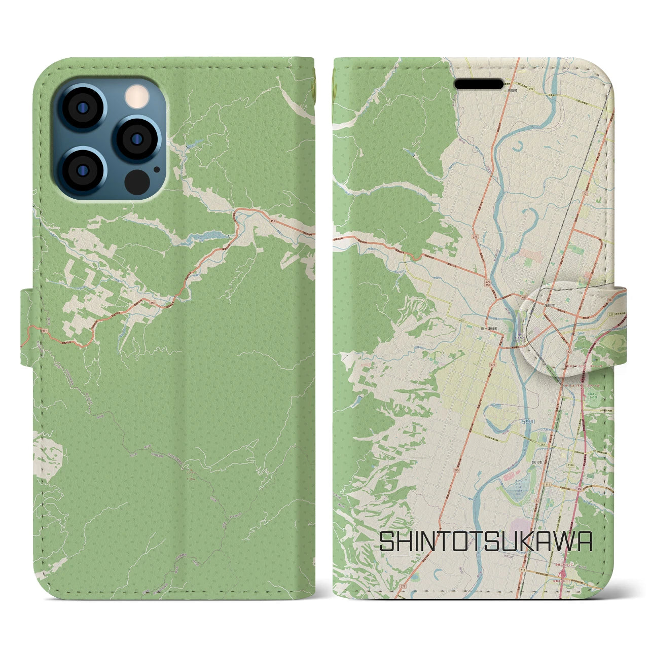 【新十津川(北海道)】地図柄iPhoneケース(手帳タイプ)ナチュラル・iPhone 12 / 12 Pro 用