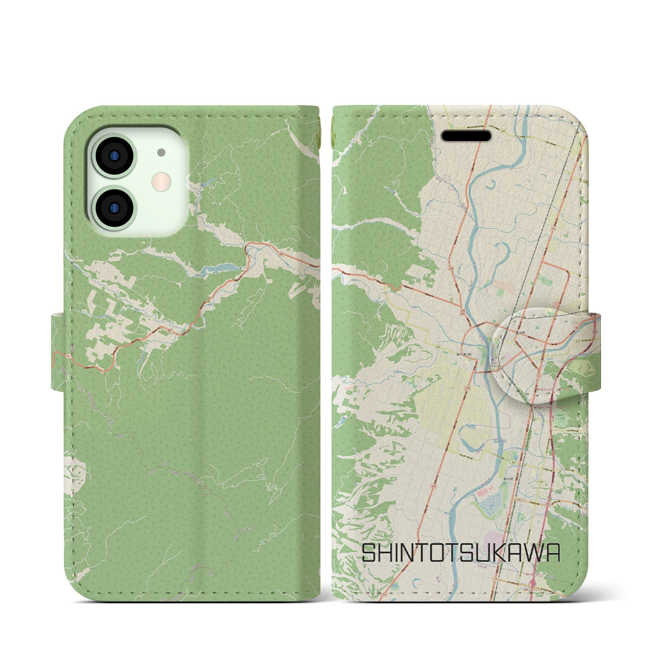 【新十津川(北海道)】地図柄iPhoneケース(手帳タイプ)ナチュラル・iPhone 12 mini 用