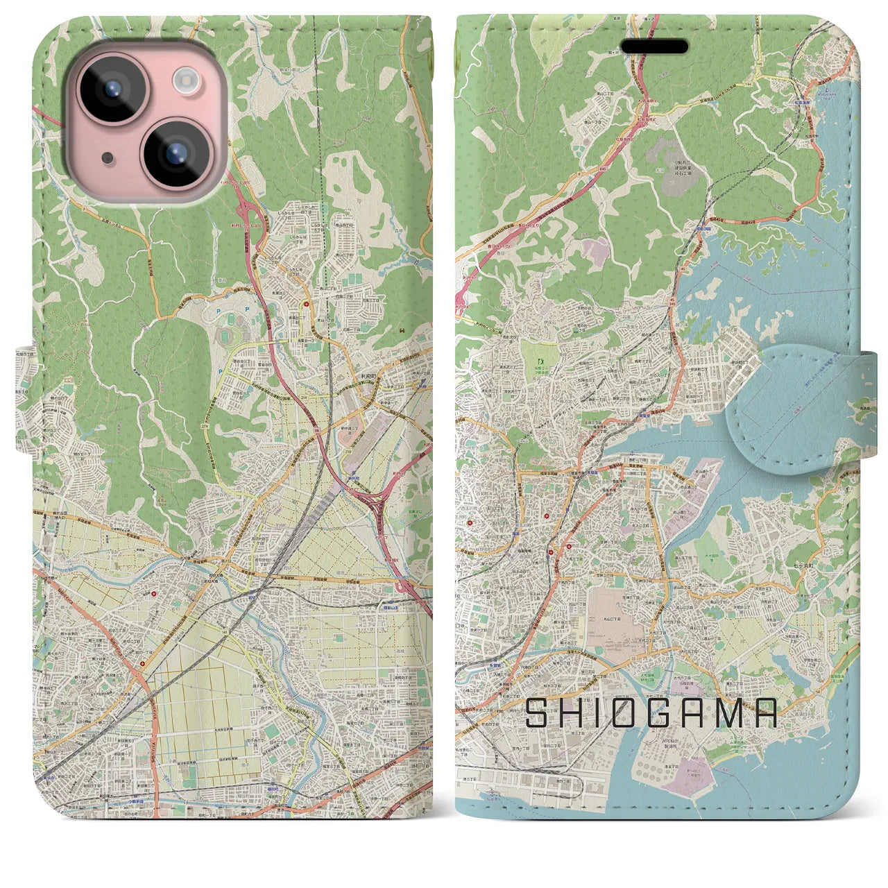 【塩竈(宮城県)】地図柄iPhoneケース(手帳タイプ)ナチュラル・iPhone 15 Plus 用