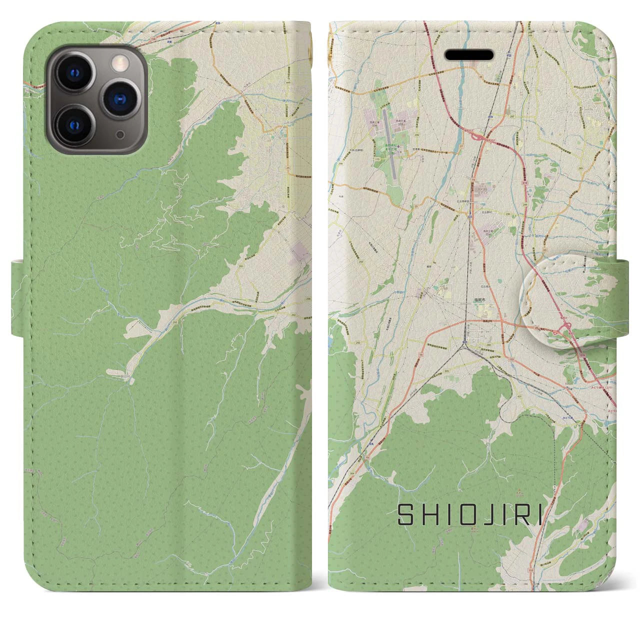 【塩尻(長野県)】地図柄iPhoneケース(手帳タイプ)ナチュラル・iPhone 11 Pro Max 用