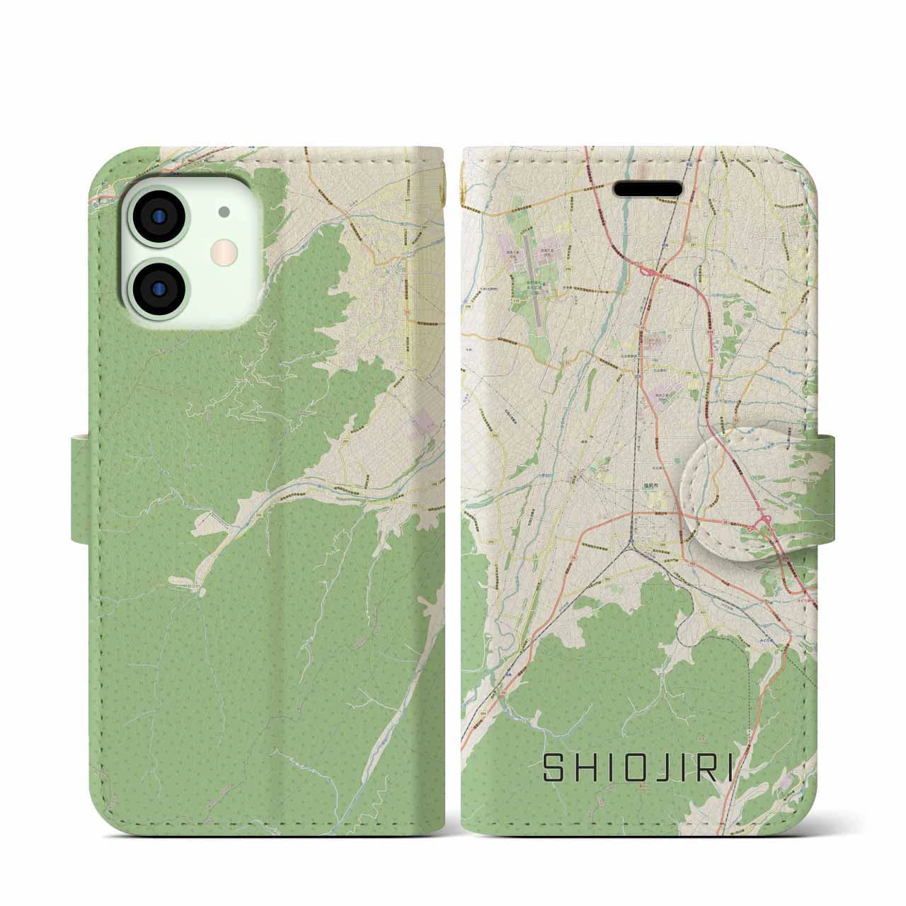 【塩尻(長野県)】地図柄iPhoneケース(手帳タイプ)ナチュラル・iPhone 12 mini 用