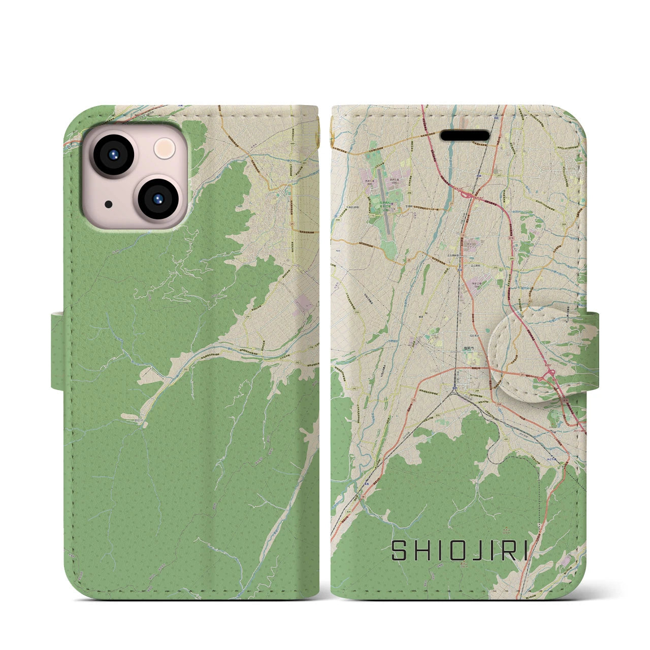【塩尻(長野県)】地図柄iPhoneケース(手帳タイプ)ナチュラル・iPhone 13 mini 用