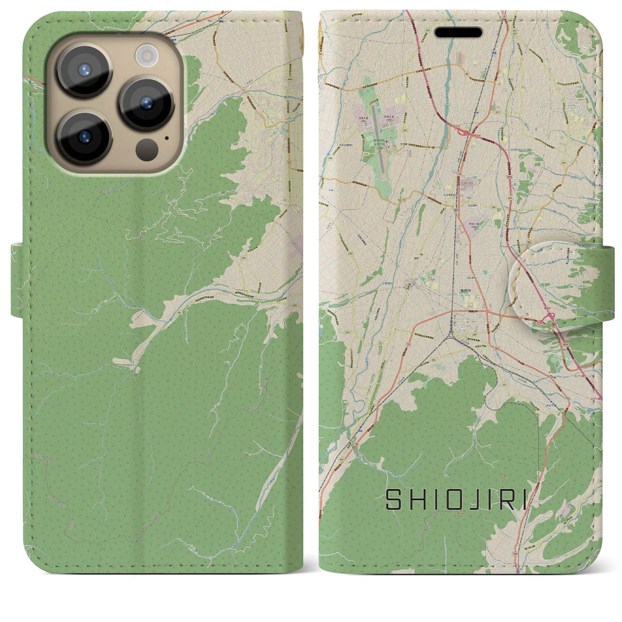 【塩尻(長野県)】地図柄iPhoneケース(手帳タイプ)ナチュラル・iPhone 14 Pro Max 用