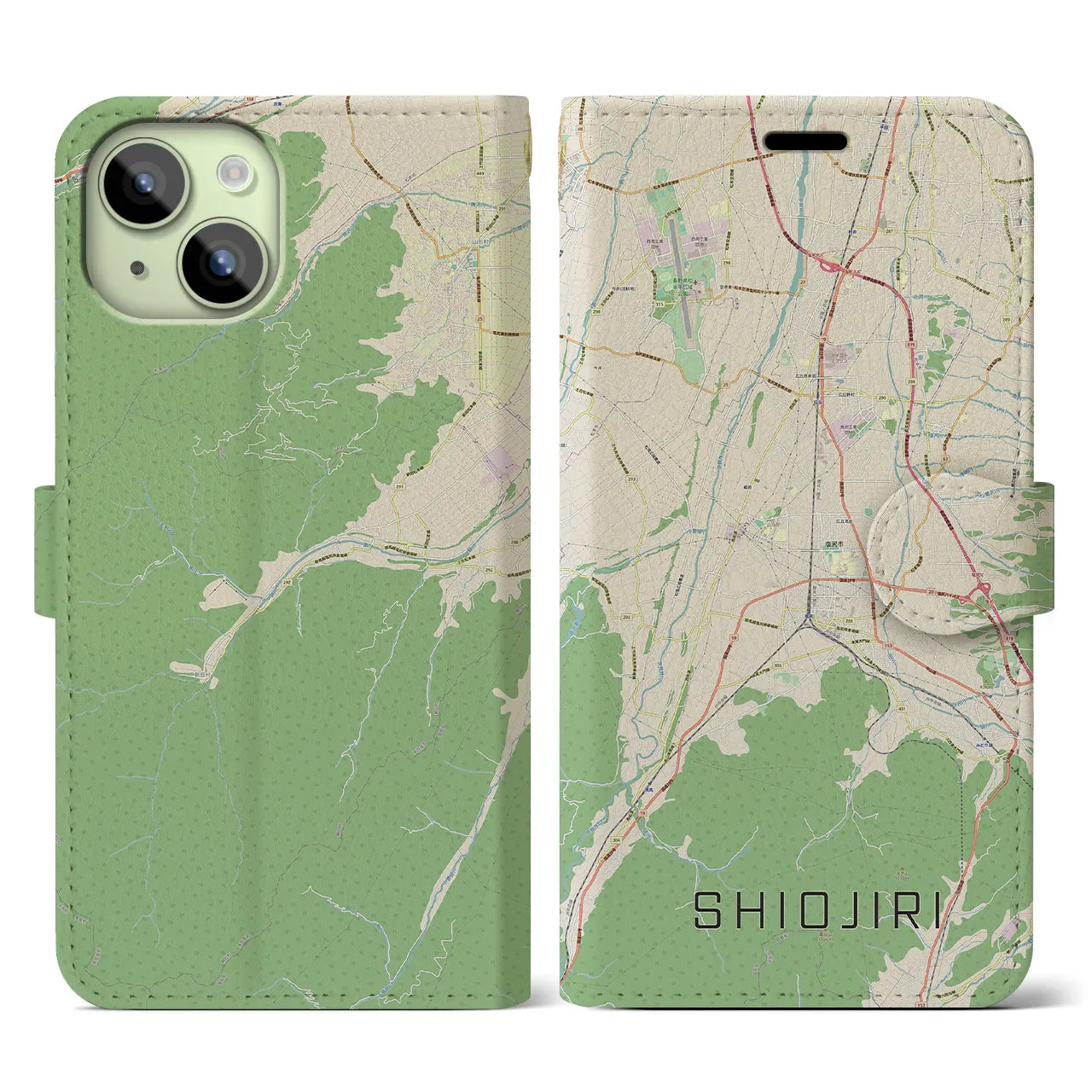 【塩尻(長野県)】地図柄iPhoneケース(手帳タイプ)ナチュラル・iPhone 15 用