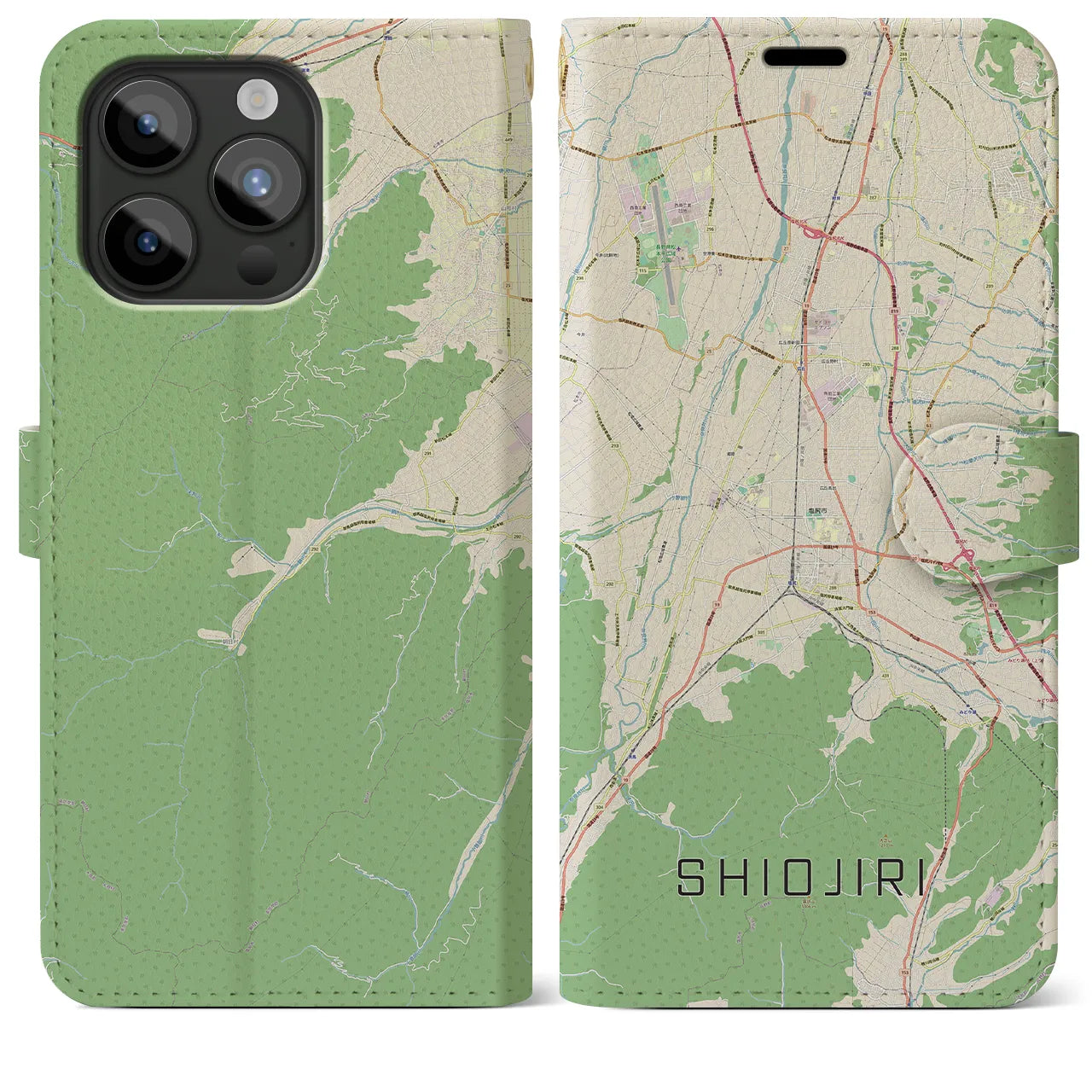 【塩尻(長野県)】地図柄iPhoneケース(手帳タイプ)ナチュラル・iPhone 15 Pro Max 用