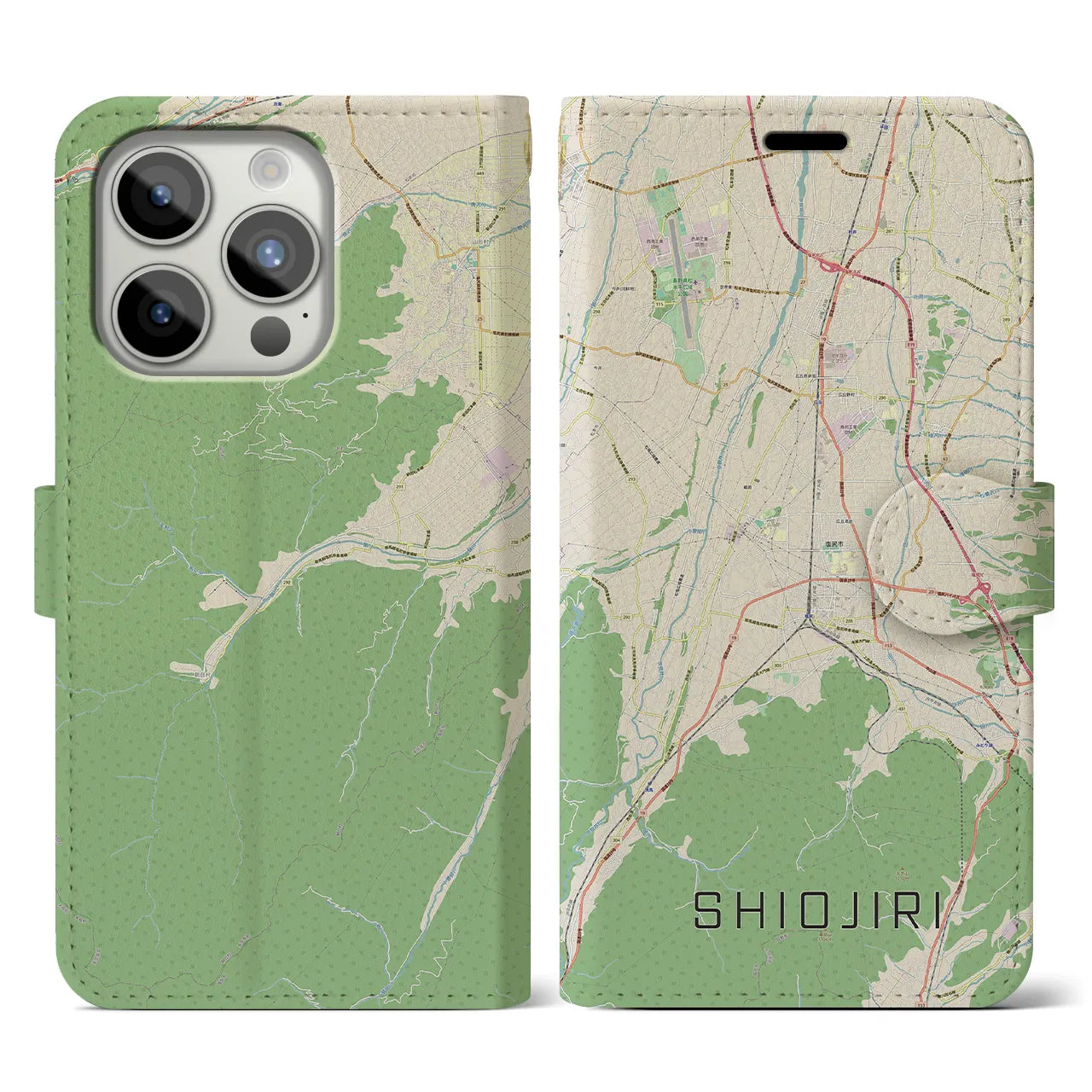 【塩尻(長野県)】地図柄iPhoneケース(手帳タイプ)ナチュラル・iPhone 15 Pro 用