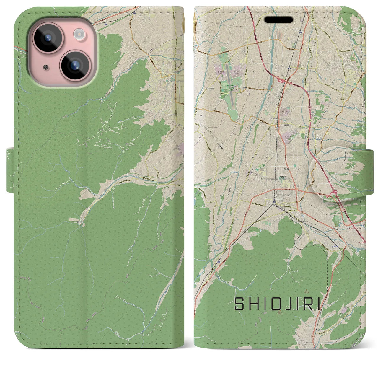 【塩尻(長野県)】地図柄iPhoneケース(手帳タイプ)ナチュラル・iPhone 15 Plus 用