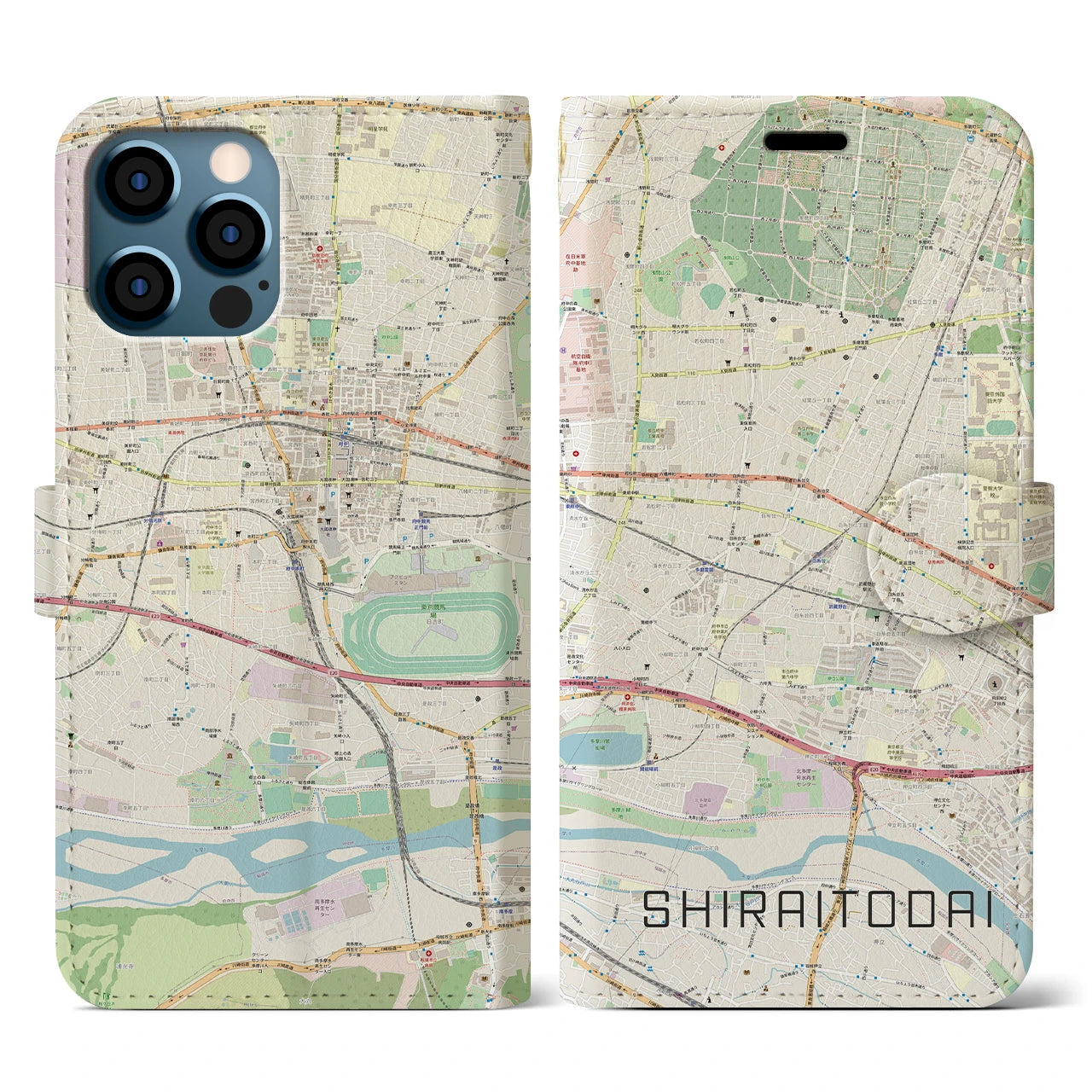 【白糸台(東京都)】地図柄iPhoneケース(手帳タイプ)ナチュラル・iPhone 12 / 12 Pro 用
