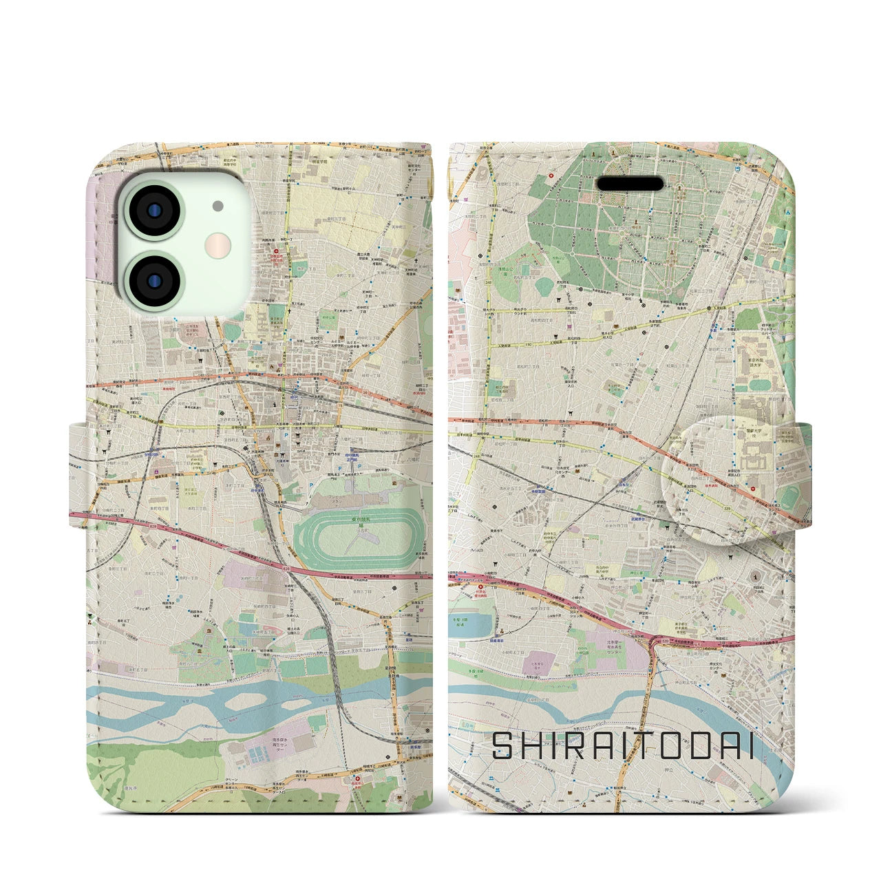 【白糸台(東京都)】地図柄iPhoneケース(手帳タイプ)ナチュラル・iPhone 12 mini 用