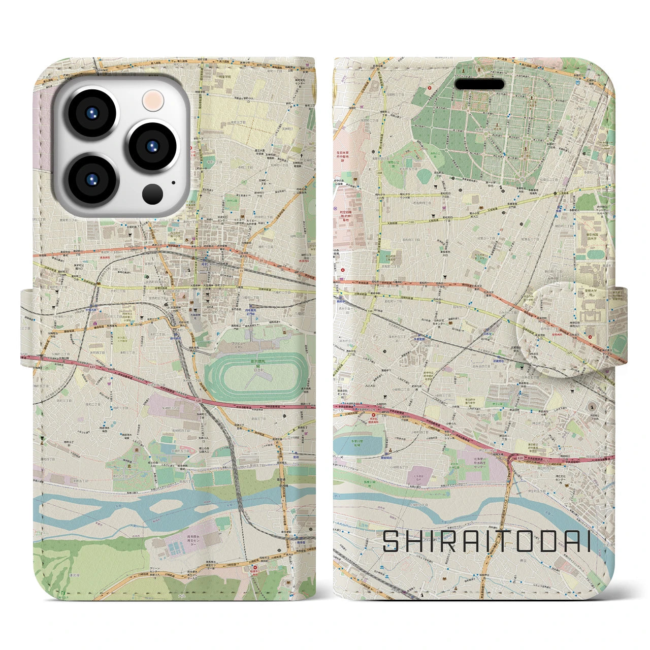 【白糸台(東京都)】地図柄iPhoneケース(手帳タイプ)ナチュラル・iPhone 13 Pro 用