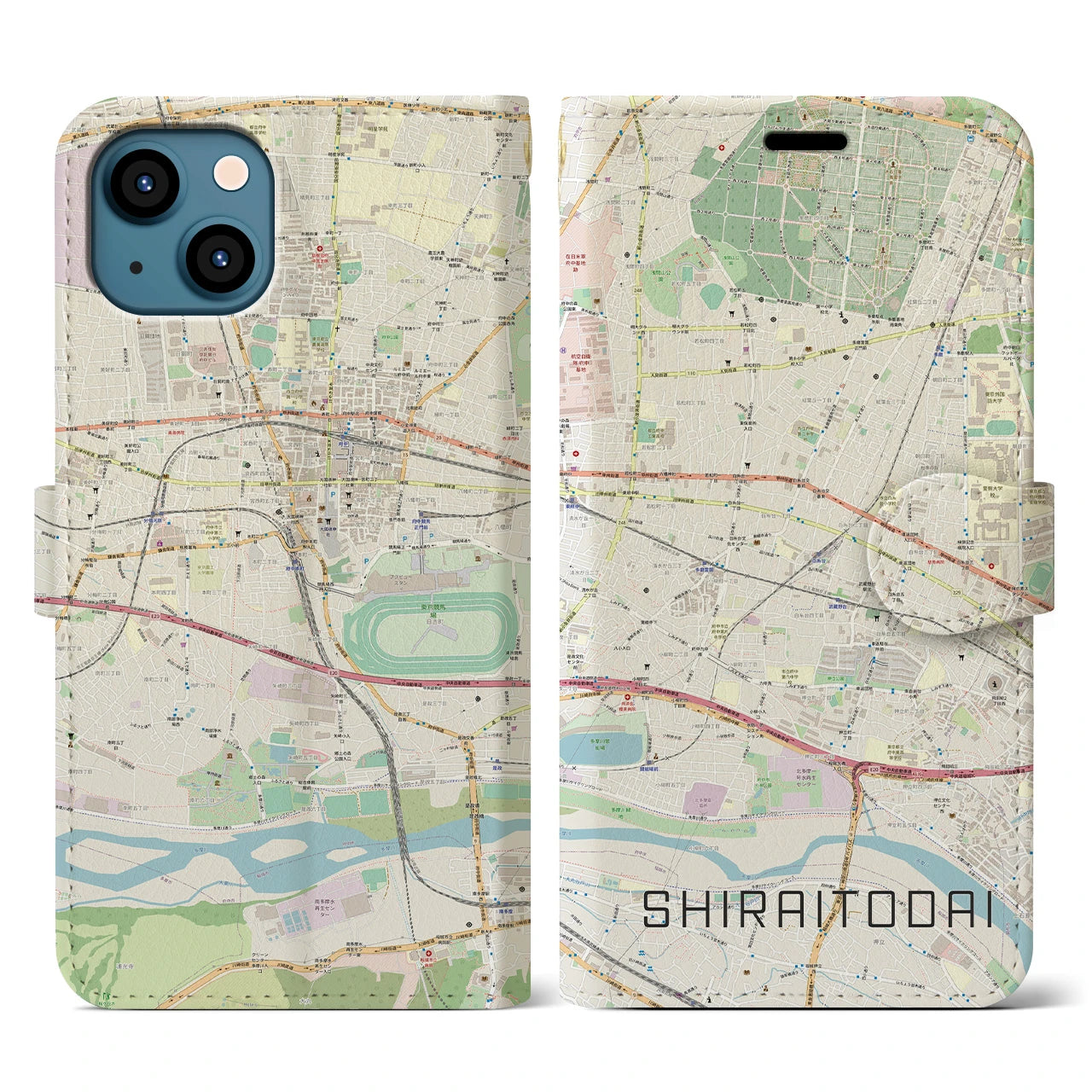 【白糸台(東京都)】地図柄iPhoneケース(手帳タイプ)ナチュラル・iPhone 13 用