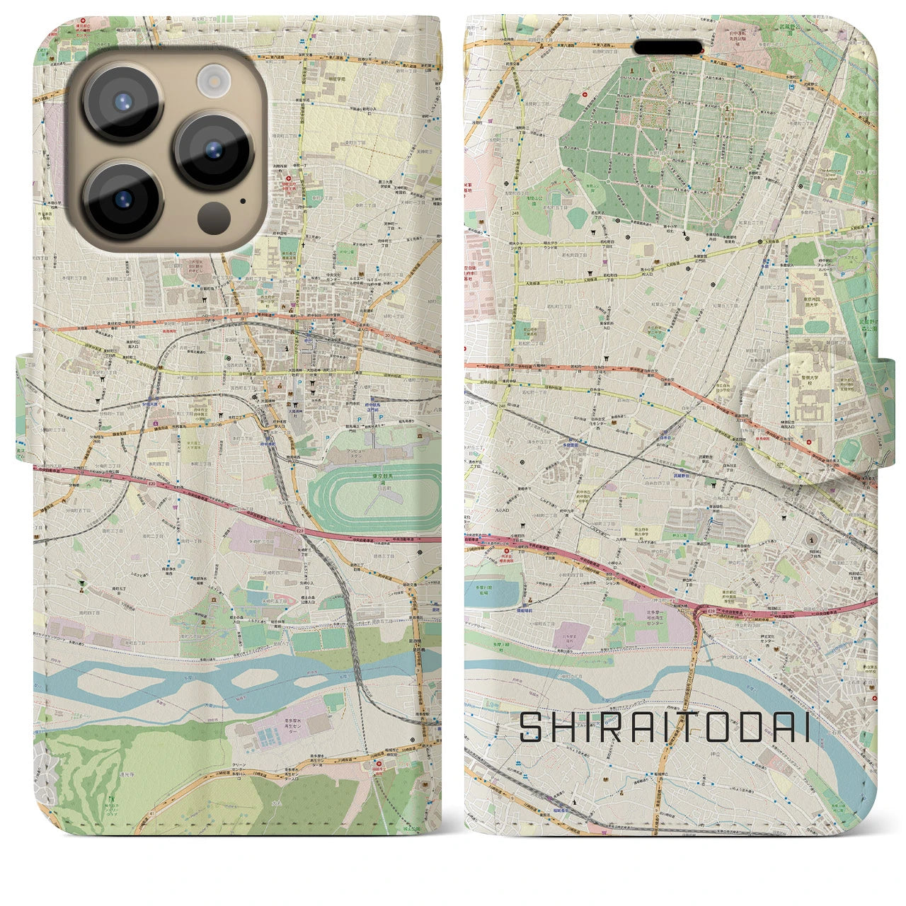 【白糸台(東京都)】地図柄iPhoneケース(手帳タイプ)ナチュラル・iPhone 14 Pro Max 用