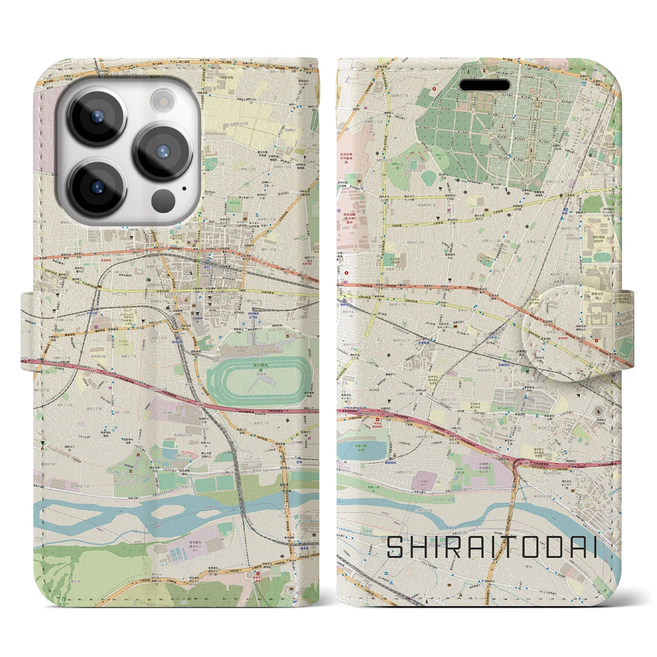 【白糸台(東京都)】地図柄iPhoneケース(手帳タイプ)ナチュラル・iPhone 14 Pro 用