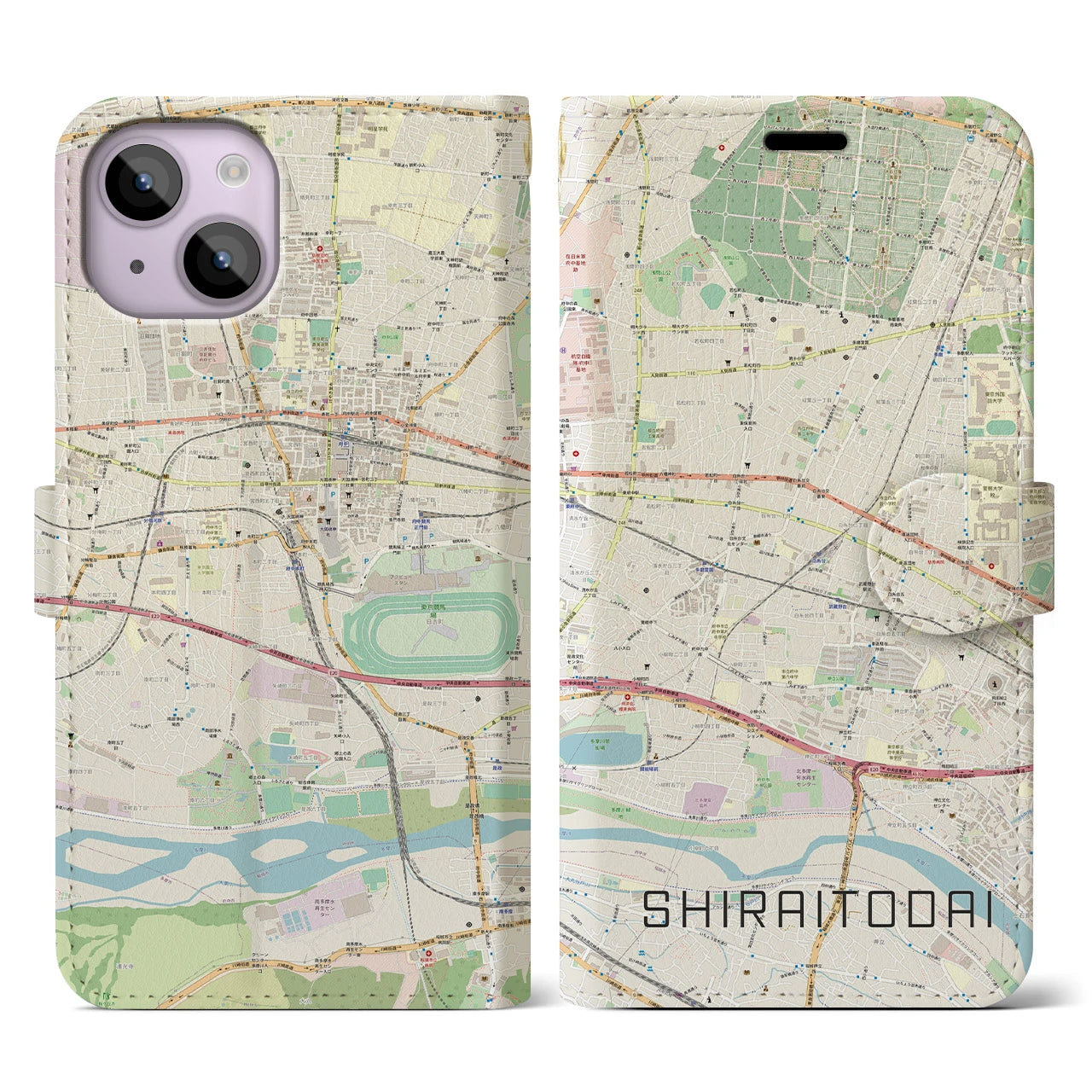 【白糸台(東京都)】地図柄iPhoneケース(手帳タイプ)ナチュラル・iPhone 14 用
