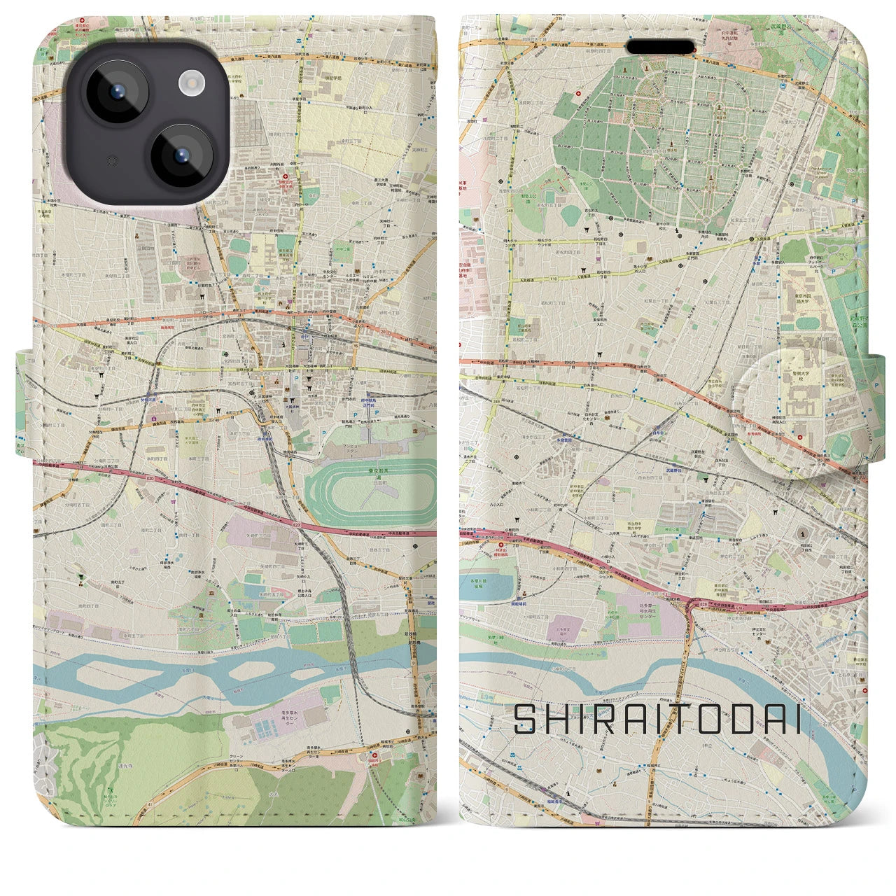 【白糸台(東京都)】地図柄iPhoneケース(手帳タイプ)ナチュラル・iPhone 14 Plus 用