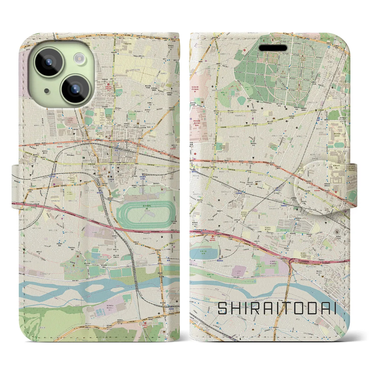 【白糸台(東京都)】地図柄iPhoneケース(手帳タイプ)ナチュラル・iPhone 15 用