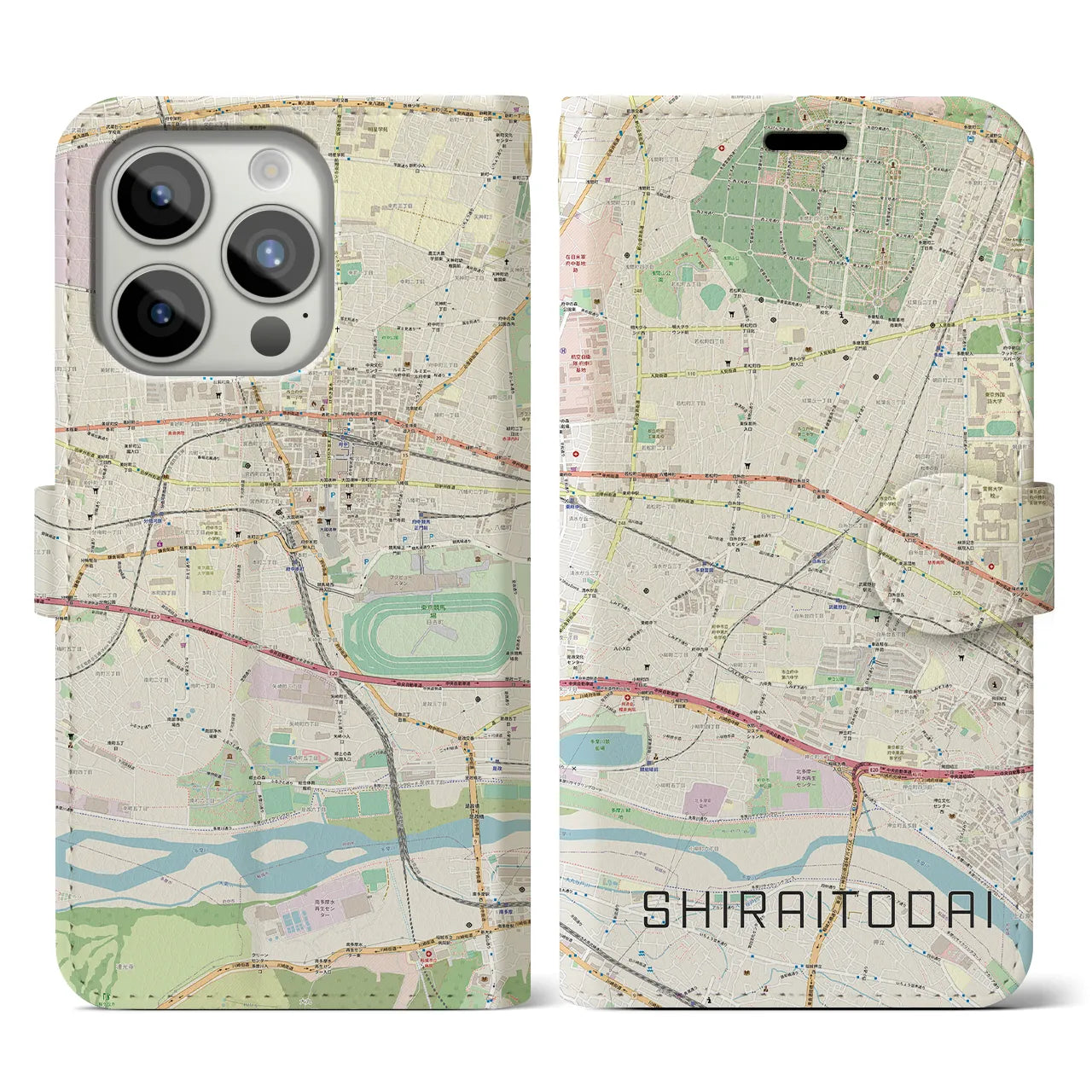 【白糸台(東京都)】地図柄iPhoneケース(手帳タイプ)ナチュラル・iPhone 15 Pro 用