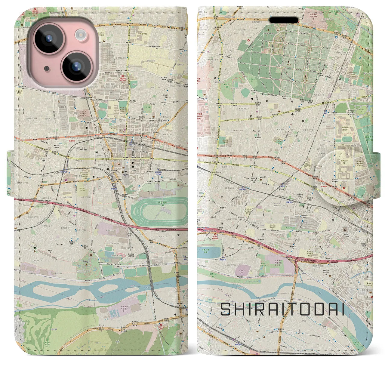【白糸台(東京都)】地図柄iPhoneケース(手帳タイプ)ナチュラル・iPhone 15 Plus 用