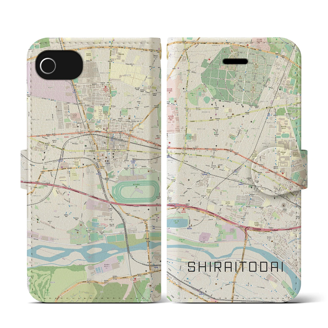 【白糸台(東京都)】地図柄iPhoneケース(手帳タイプ)ナチュラル・iPhone SE(第3 / 第2世代) / 8 / 7 / 6s / 6 用