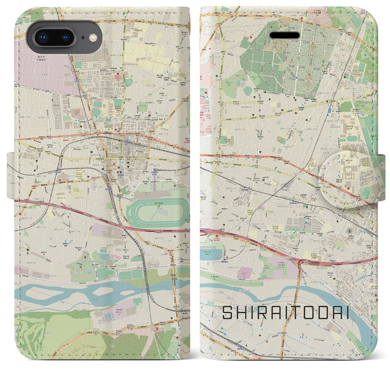 【白糸台(東京都)】地図柄iPhoneケース(手帳タイプ)ナチュラル・iPhone 8Plus /7Plus / 6sPlus / 6Plus 用