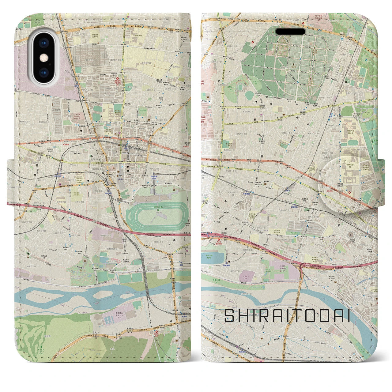 【白糸台(東京都)】地図柄iPhoneケース(手帳タイプ)ナチュラル・iPhone XS Max 用