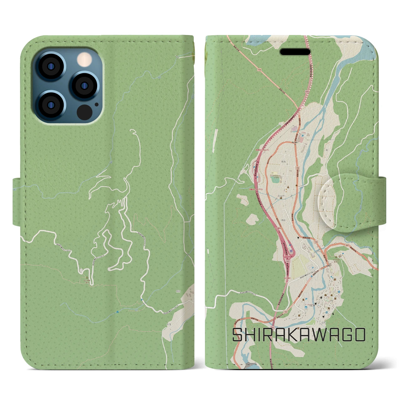 【白川郷(岐阜県)】地図柄iPhoneケース(手帳タイプ)ナチュラル・iPhone 12 / 12 Pro 用