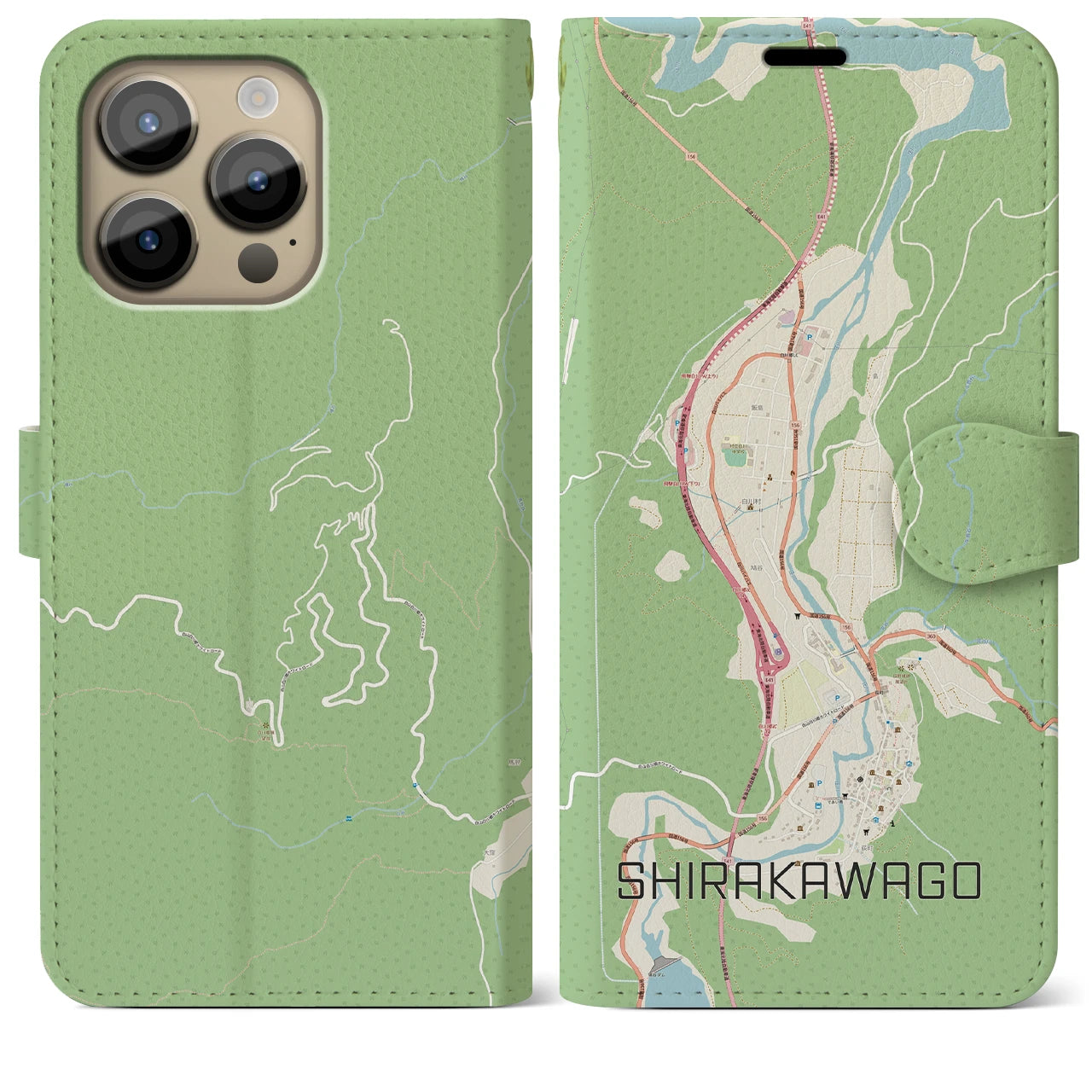 【白川郷(岐阜県)】地図柄iPhoneケース(手帳タイプ)ナチュラル・iPhone 14 Pro Max 用