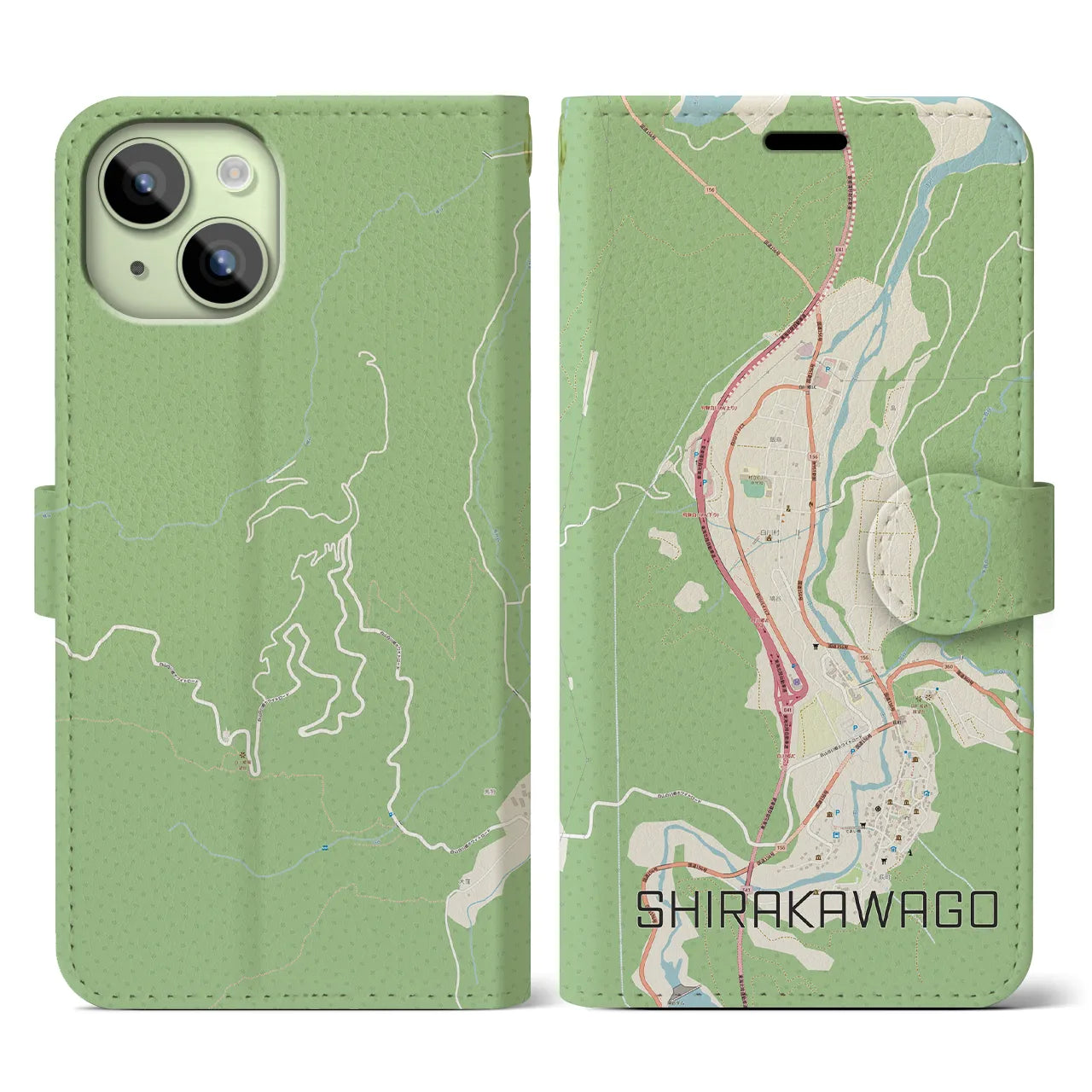 【白川郷(岐阜県)】地図柄iPhoneケース(手帳タイプ)ナチュラル・iPhone 15 用
