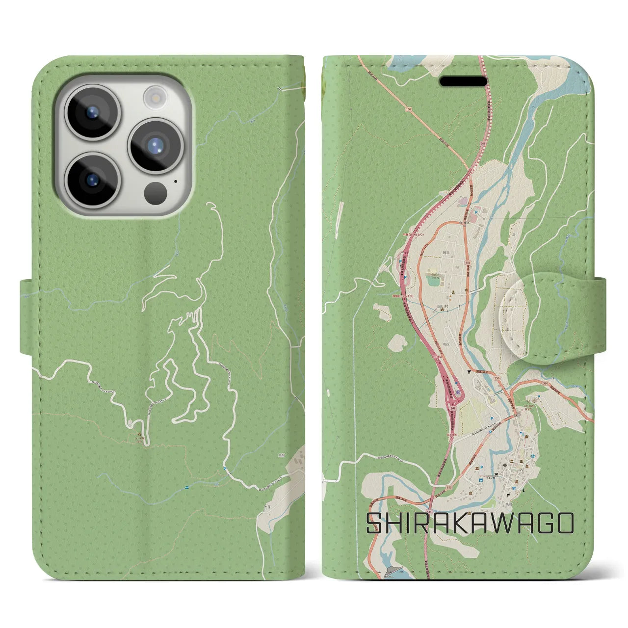 【白川郷(岐阜県)】地図柄iPhoneケース(手帳タイプ)ナチュラル・iPhone 15 Pro 用