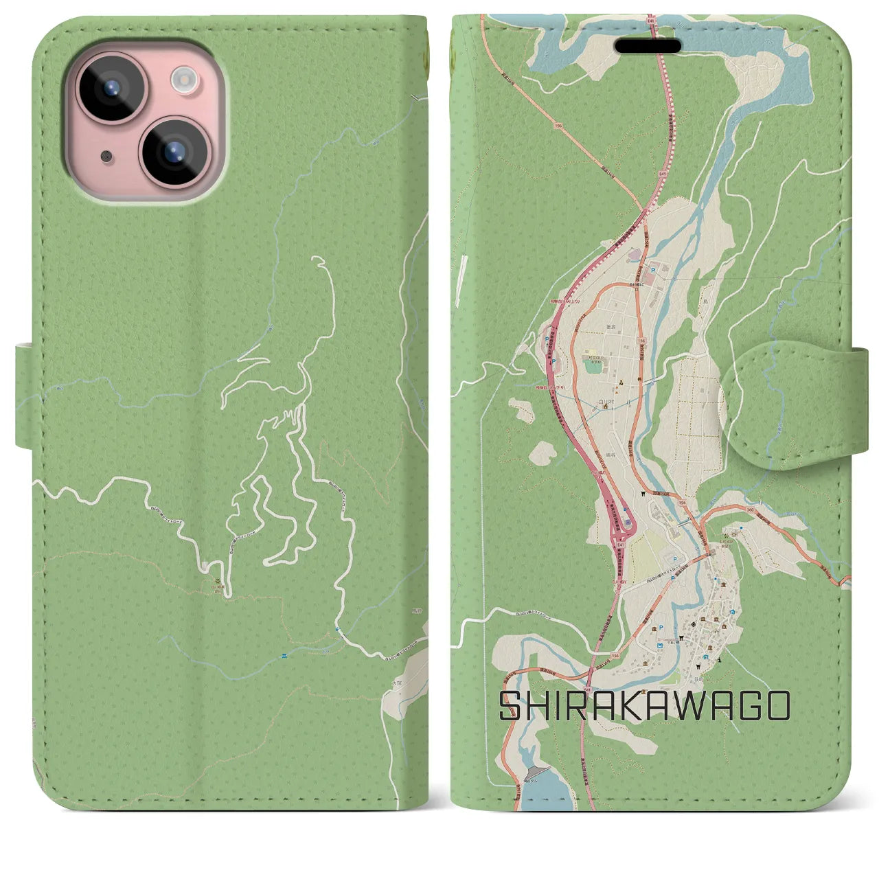 【白川郷(岐阜県)】地図柄iPhoneケース(手帳タイプ)ナチュラル・iPhone 15 Plus 用