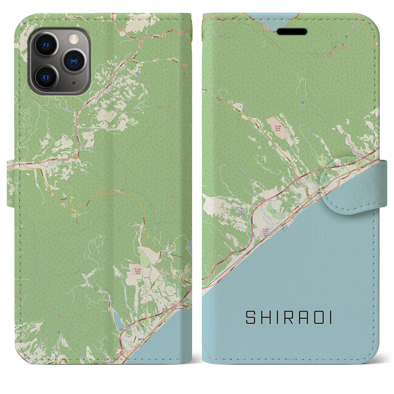【白老(北海道)】地図柄iPhoneケース(手帳タイプ)ナチュラル・iPhone 11 Pro Max 用