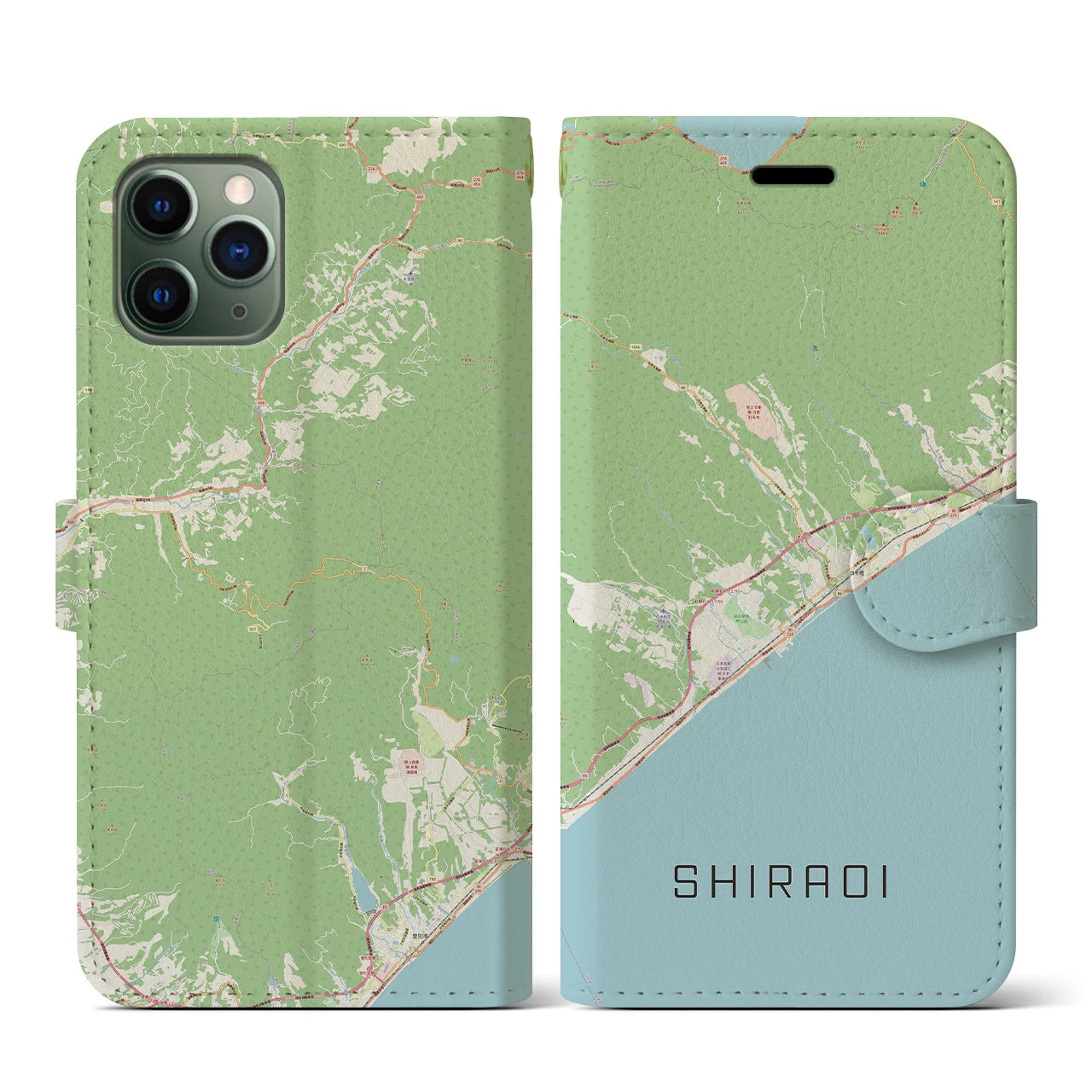 【白老(北海道)】地図柄iPhoneケース(手帳タイプ)ナチュラル・iPhone 11 Pro 用