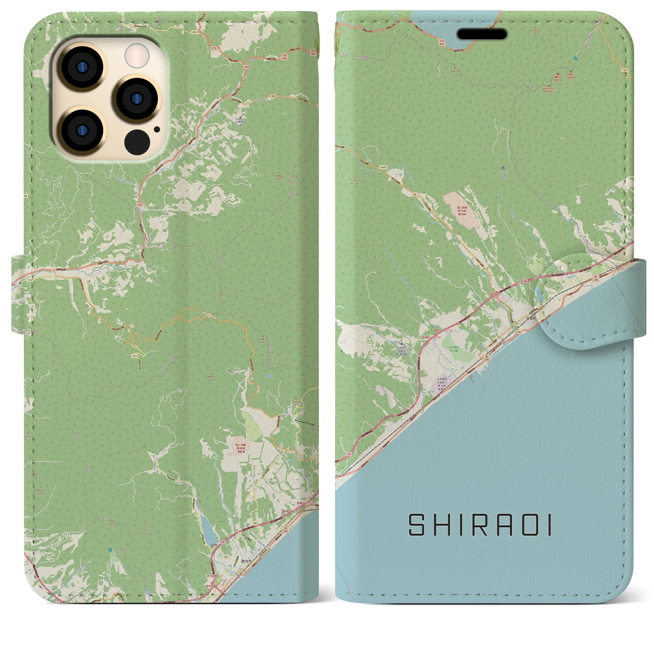 【白老(北海道)】地図柄iPhoneケース(手帳タイプ)ナチュラル・iPhone 12 Pro Max 用