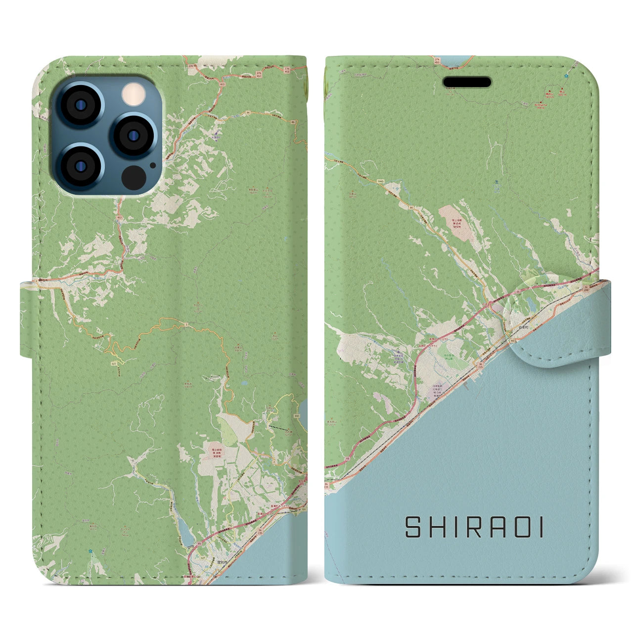 【白老(北海道)】地図柄iPhoneケース(手帳タイプ)ナチュラル・iPhone 12 / 12 Pro 用