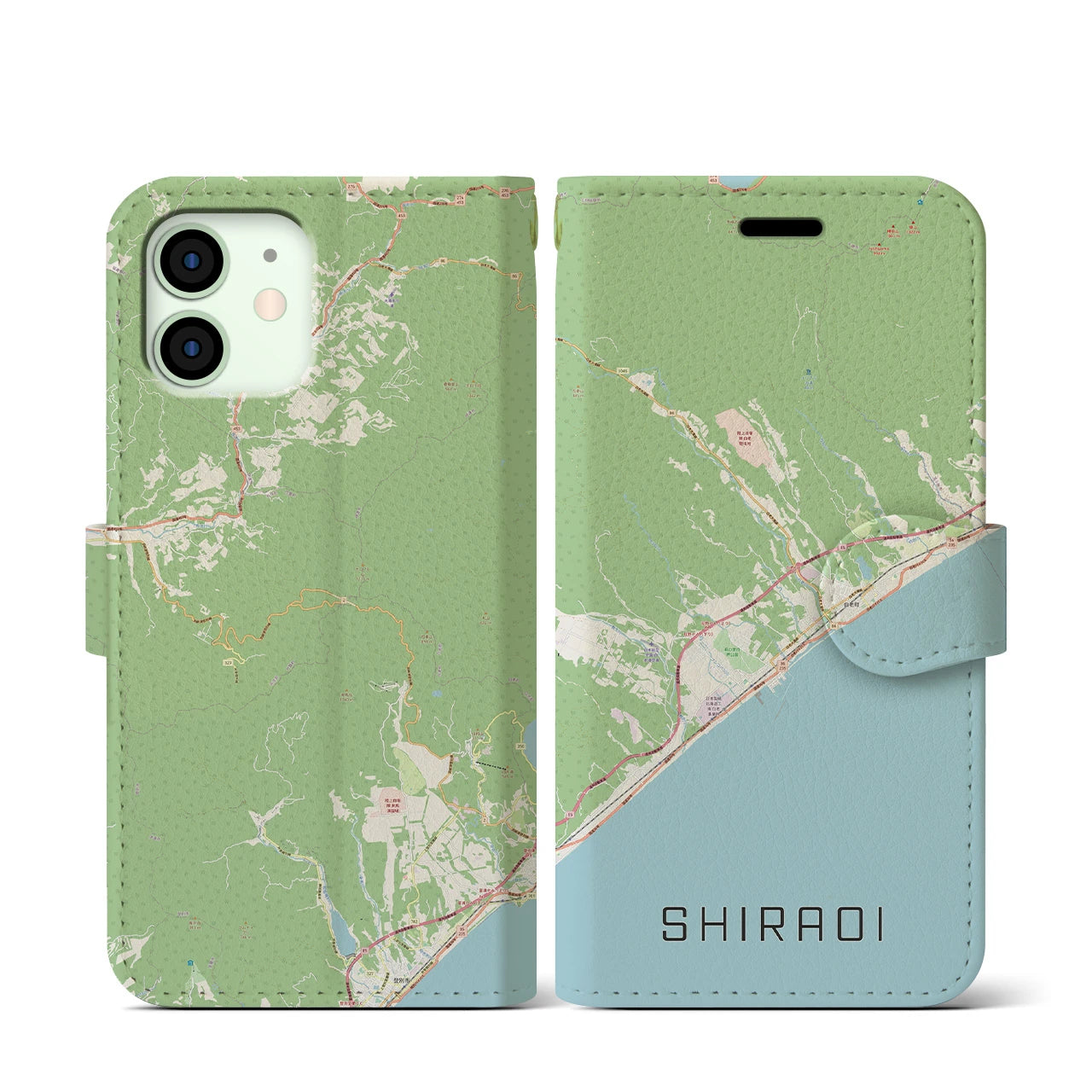 【白老(北海道)】地図柄iPhoneケース(手帳タイプ)ナチュラル・iPhone 12 mini 用