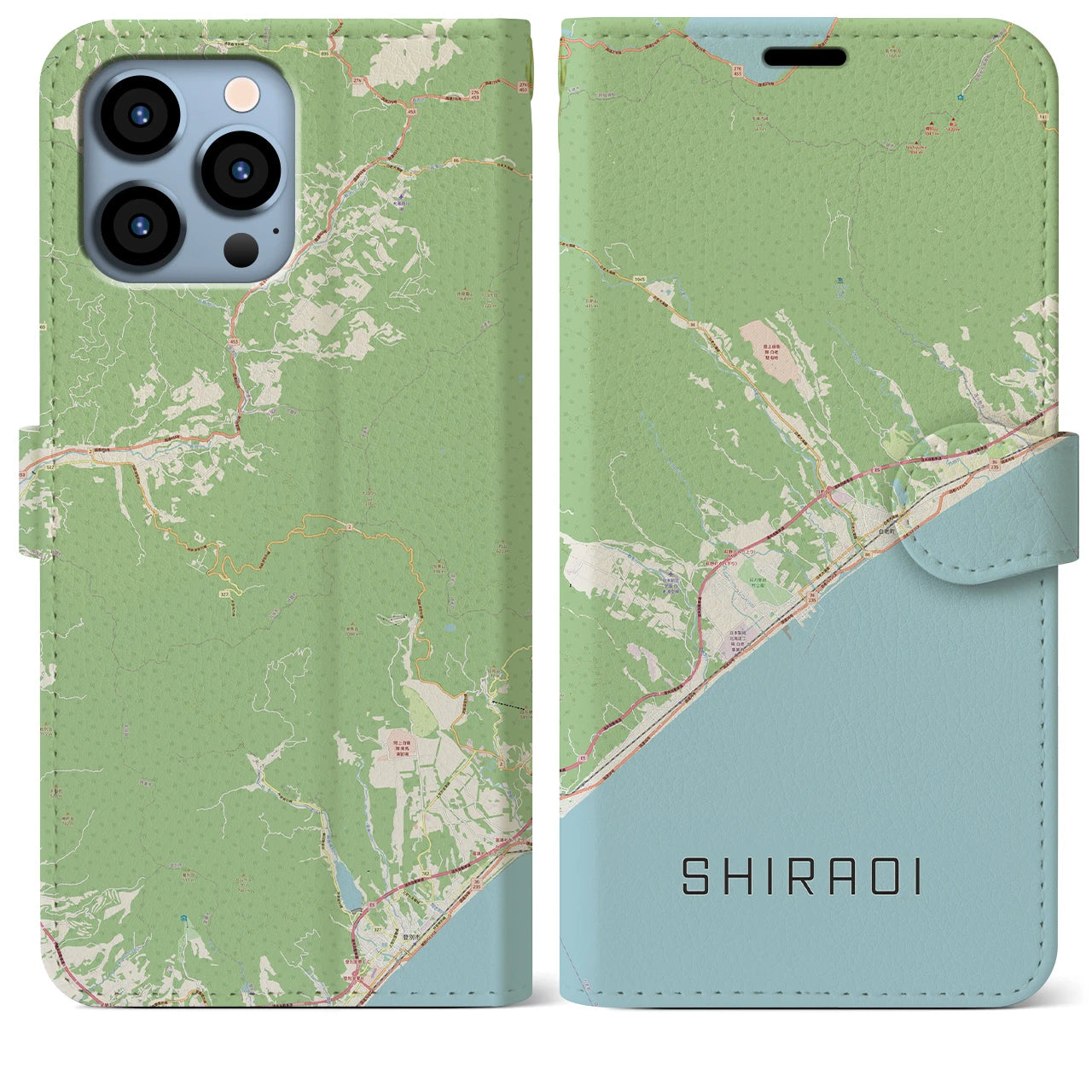 【白老(北海道)】地図柄iPhoneケース(手帳タイプ)ナチュラル・iPhone 13 Pro Max 用
