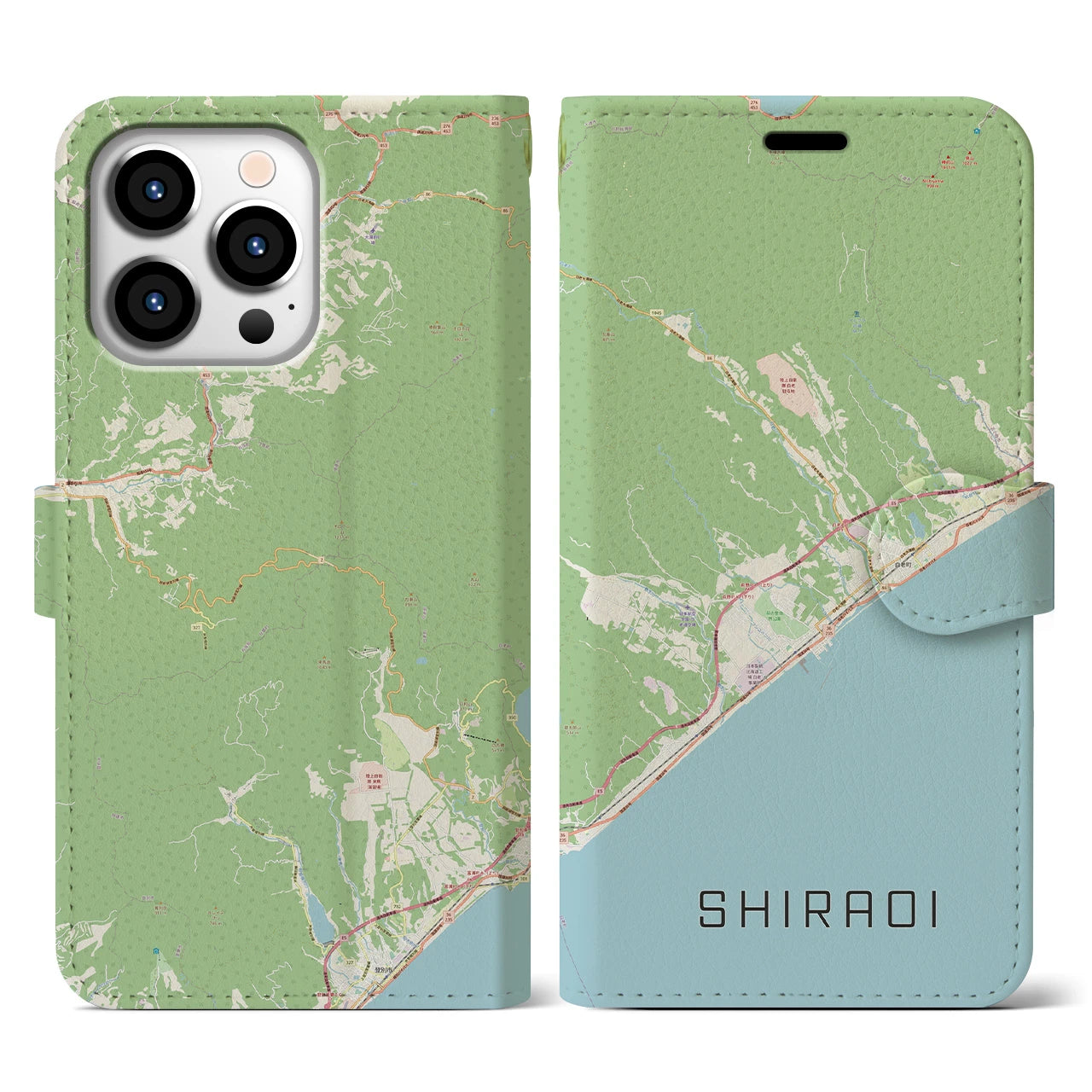 【白老(北海道)】地図柄iPhoneケース(手帳タイプ)ナチュラル・iPhone 13 Pro 用