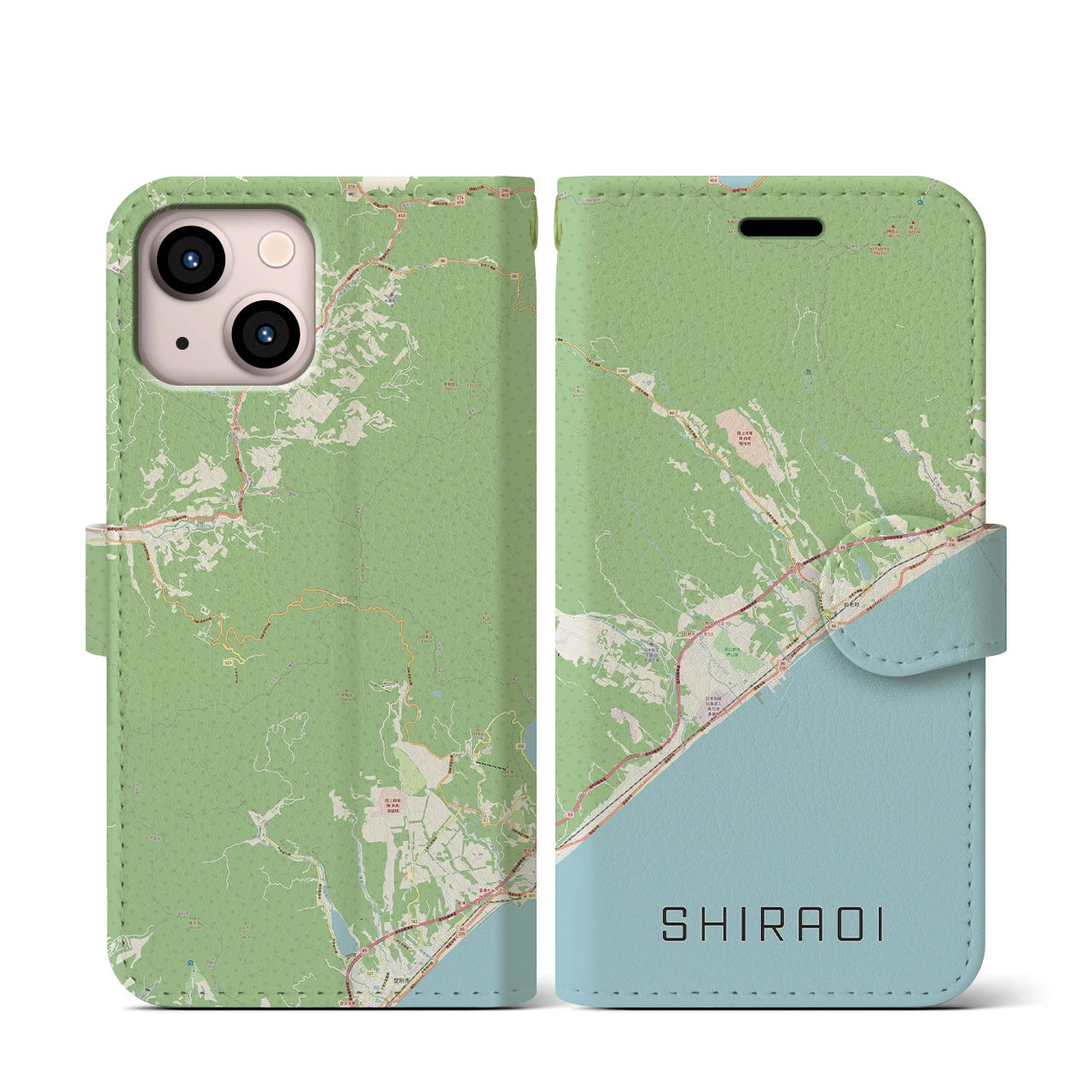 【白老(北海道)】地図柄iPhoneケース(手帳タイプ)ナチュラル・iPhone 13 mini 用
