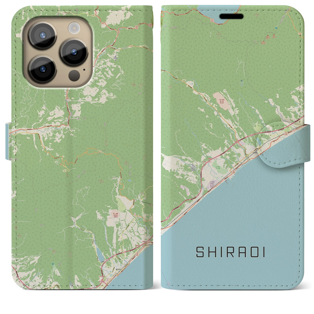 【白老(北海道)】地図柄iPhoneケース(手帳タイプ)ナチュラル・iPhone 14 Pro Max 用