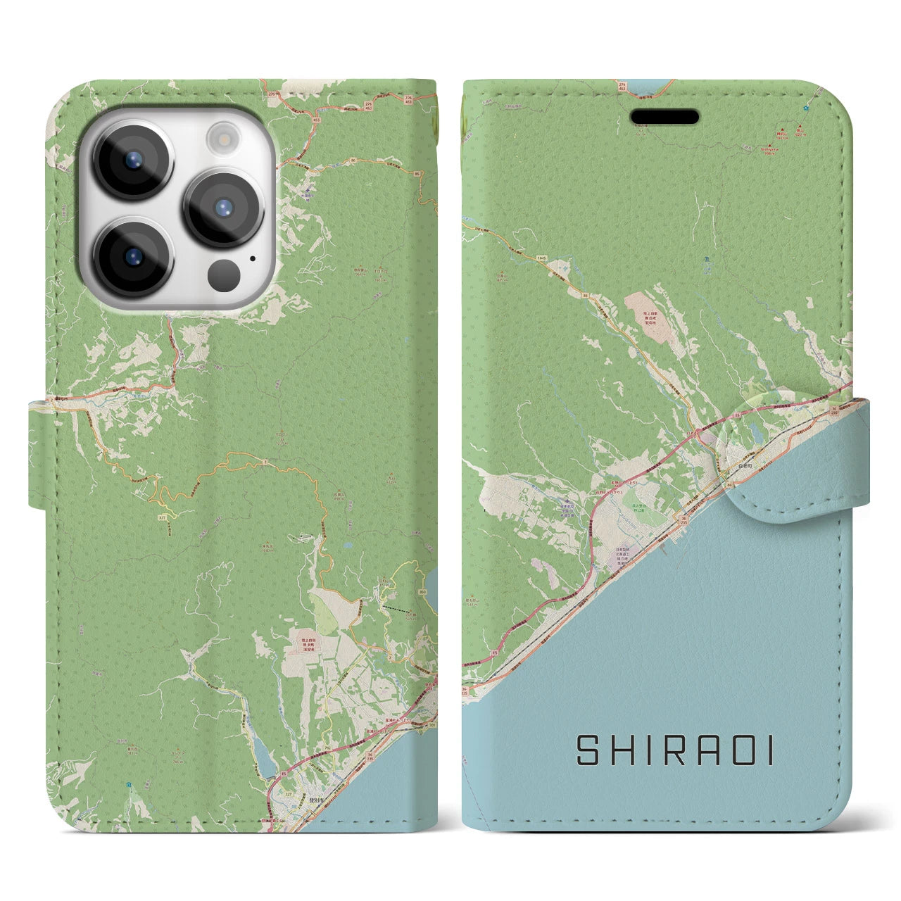 【白老(北海道)】地図柄iPhoneケース(手帳タイプ)ナチュラル・iPhone 14 Pro 用