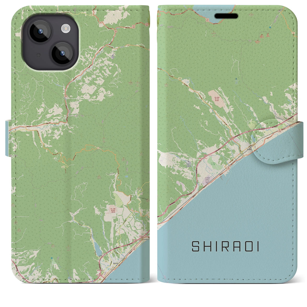 【白老(北海道)】地図柄iPhoneケース(手帳タイプ)ナチュラル・iPhone 14 Plus 用