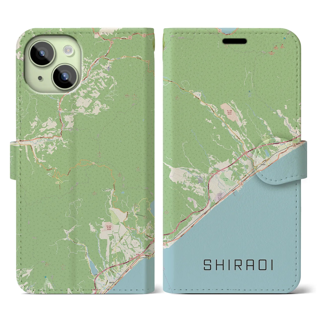 【白老(北海道)】地図柄iPhoneケース(手帳タイプ)ナチュラル・iPhone 15 用